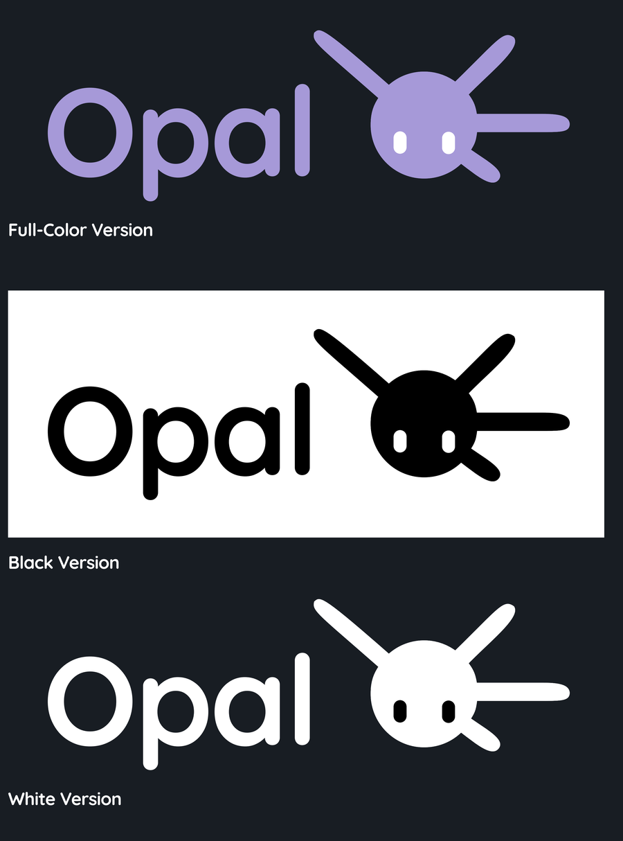 The Opal logo in three approved treatments: full-colour violet, solid black, and solid white