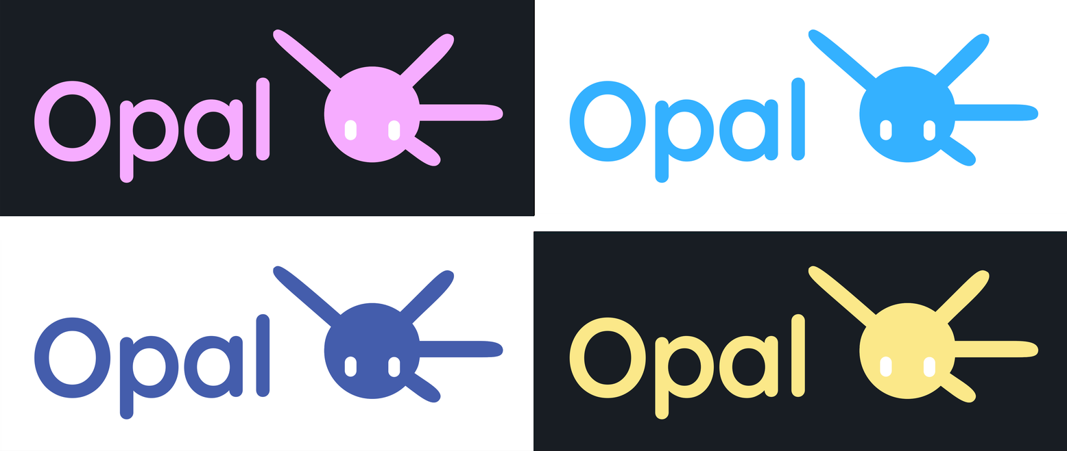 The Opal logo recoloured in four secondary palette options: pink, sky blue, indigo, and yellow, each paired with a contrasting background