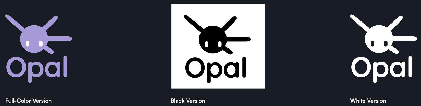 A vertical stacked lockup of the Opal logo, with the logomark above the wordmark, in full-colour, black, and white versions